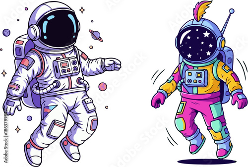 Two astronauts in stylized graphic illustration style, floating in space with planets and stars