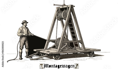 Man operating vintage wooden montage wagon with pulley system