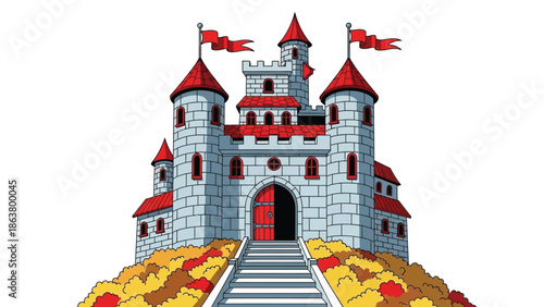 Vibrant medieval castle with red flags and stone walls on hill