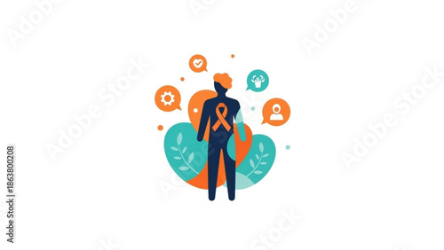 Man wearing orange awareness ribbon surrounded by health and wellness symbols and icons, representing support and care for a cause, with a leafy and circular background