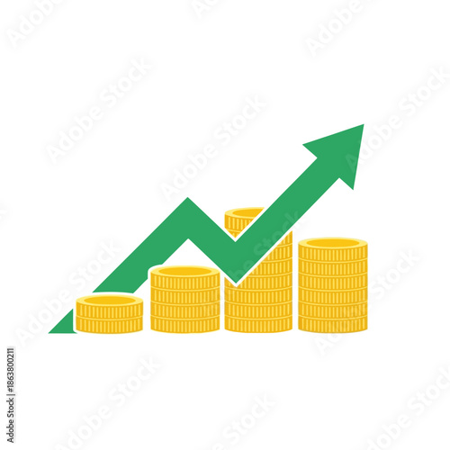 A green arrow pointing upwards over increasing stacks of gold coins, symbolizing financial growth and success.