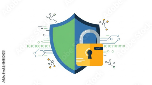 Secure protection shield with lock and digital circuit background for cybersecurity and data privacy concept with technology and safety and online