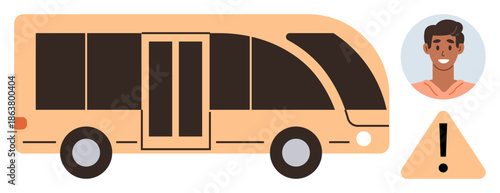 Transportation safety, passenger awareness, travel services, public transit, commuting, road safety. A bus, a warning sign and a smiling passenger. Transportation safety and passenger awareness