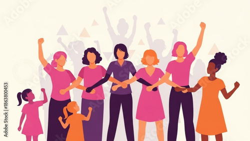 Diverse group of women and girl standing united with fists raised in solidarity and empowerment against a crowd background with unity and feminism