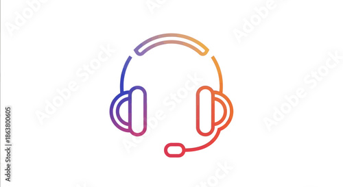 Simple line art icon depicting a modern headset with an attached microphone featuring a vibrant purple to orange gradient on a dark background