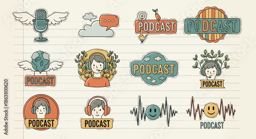 Collection of charming hand drawn doodle icons and badges perfect for branding and visual identity related to audio broadcasting and digital media creation