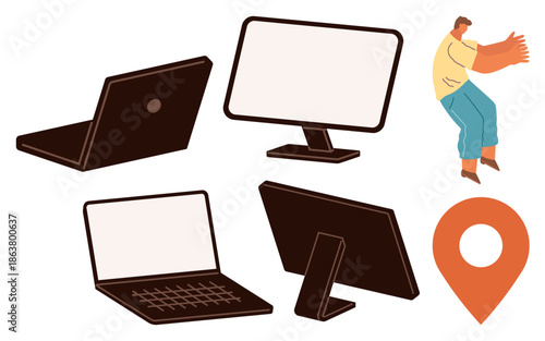 Technology, mobility, location services, communication, digital tools, connectivity. Laptops, screens man moving map pin. Technology and mobility concepts