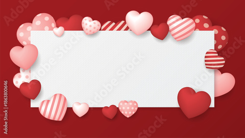 White bond paper rough texture on red background have many heart balloons various designs floating around