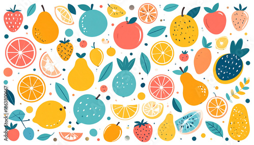Minimal flat illustration of fruits with simple shapes and soft pastel colors, modern vector style, centered composition, isolated on transparent background, icon and branding friendly, PNG