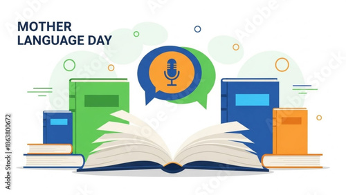 Mother language day, books with microphone and speech bubble, education and communication concept, learning and literacy, language awareness