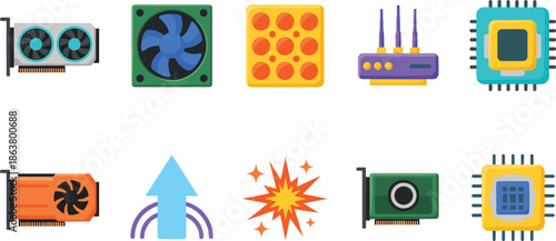 Computer Hardware and Technology Icons Set with Processor GPU Fan and Router Vector
