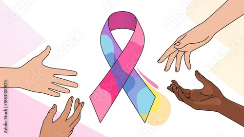 Diverse hands reaching for colorful awareness ribbon symbolizing unity and support for a cause with diversity and solidarity and inclusion and equality