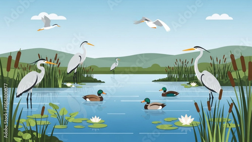 Serene lake scene with white herons, ducks, and lush vegetation under a blue sky with flying birds and distant mountains with nature and wildlife