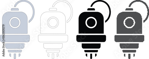 Four Fire Extinguisher Set Light Gray Outline Solid Black Dotted symbol safety