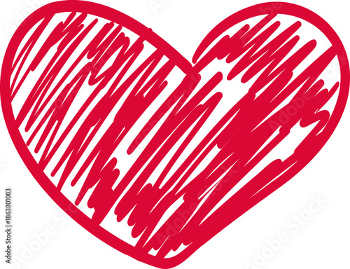 Sketch whimsical Red heart Doodle Crayon drawing. Romantic love line border, frame.