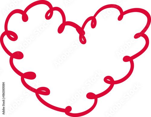 Sketch whimsical Red heart Doodle Crayon drawing. Romantic love line border, frame.