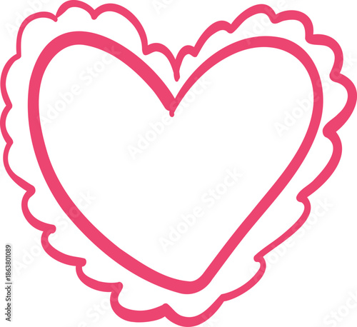 Sketch whimsical Red heart Doodle Crayon drawing. Romantic love line border, frame.