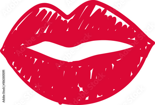Sketch whimsical Red Lips Doodle Crayon drawing. Romantic love line border, frame.