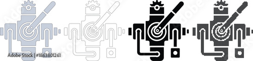 Four stylized mechanical robot component in grey outline black and dot patterns abstract technology