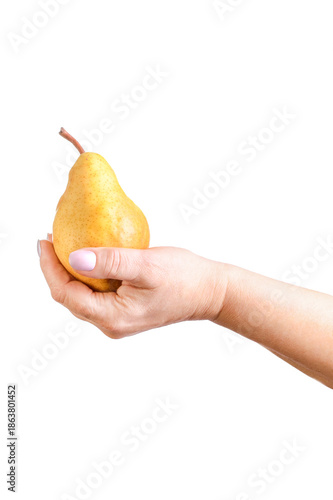 A female hand holding a ripe yellow pear isolated on a white background.