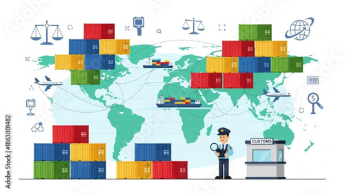 Global shipping and logistics concept with colorful cargo containers on world map and customs officer with transportation and freight and trade