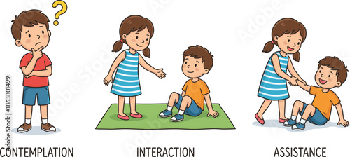 Kids social behavior stages illustration showing contemplation interaction and assistance with children helping each other emotional learning concept