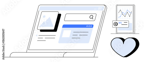 Application design, cryptocurrency, online transactions, data visualization, communication, user interface. Laptop with a platform layout, mobile with graph heart icon. Application design