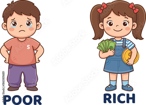 Poor and rich children comparison illustration, economic inequality concept, wealth gap, social class difference, childhood contrast, money education, fairness