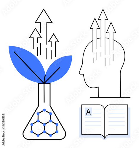 Sustainable growth. Science and innovation ed by plant in flask. Growth arrows with education and knowledge by human head and book. Sustainability, research, and progress. For education, renewable