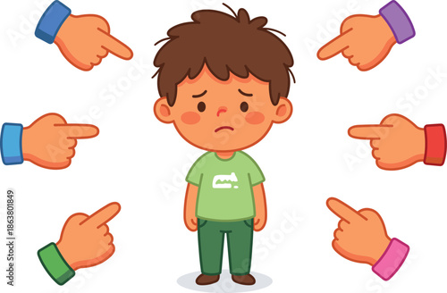Sad bullied child surrounded by pointing hands illustration, emotional abuse concept, social pressure, blame, criticism, isolation, mental health awareness