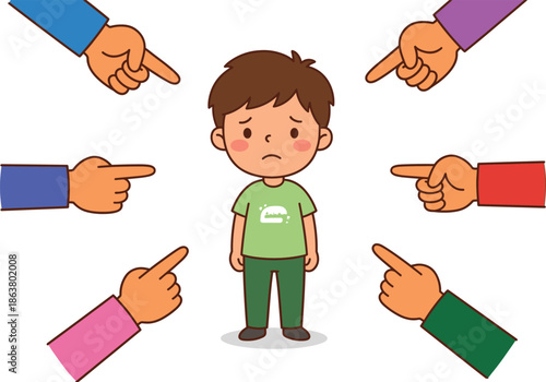 Sad child surrounded by pointing hands illustrating bullying blame accusation social pressure mental health awareness concept illustration vector cartoon isolated