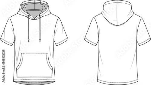 Short-sleeve hoodie, fashion sketch, technical drawing, kangaroo pocket, drawstring hood, curved hem, casual wear, front back view, apparel illustration