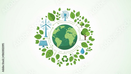 Earth surrounded by green leaves and eco friendly symbols like solar panel, wind turbine, recycling logo and water droplet, representing sustainable energy