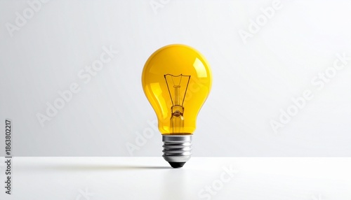 Yellow incandescent light bulb on white background.