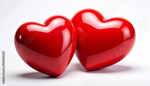 Two glossy red hearts side by side on white background.