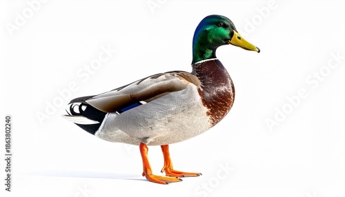 Male mallard duck with green head on white background.