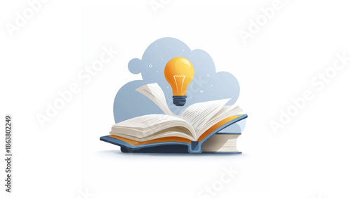 Illustration of books stacked with an open book and a light bulb floating above the books stack