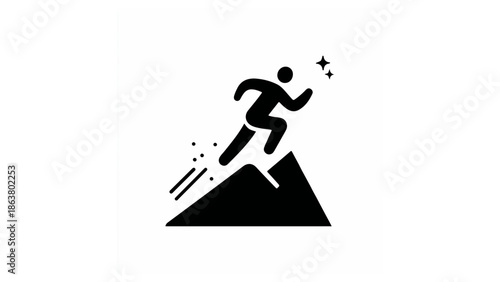 Silhouette of a person running up a mountain towards two stars representing achievement and success