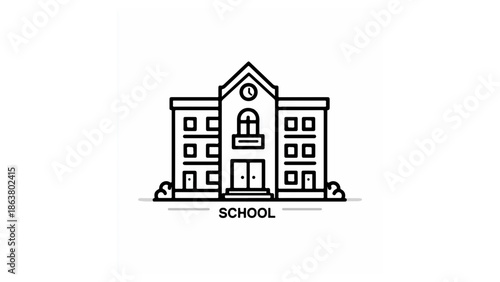 Illustration of a school building with a clock tower and symmetrical windows in a line art style