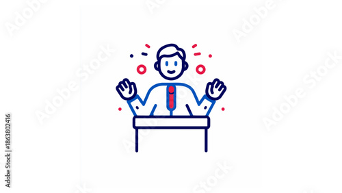 Illustration of a man giving a presentation behind a podium with confetti around him in blue and red colors