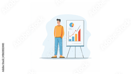A man standing next to a presentation board displaying a pie chart and a bar graph illustration
