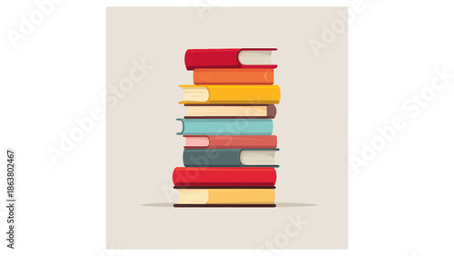 Illustration of a stack of colorful books with varying sizes and colors on a light background surface