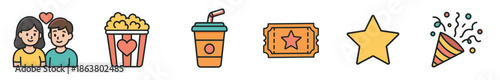 Set of six colorful date night icons with a loving couple, popcorn, soda, a movie ticket, a star, and a party popper in a cute cartoon illustration style