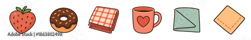 Collection of cute hand-drawn cozy items featuring a strawberry, chocolate donut, plaid blanket, heart mug, and folded napkins in a warm, charming cartoon illustration style