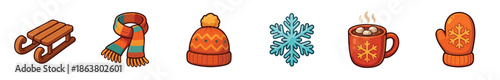 Set of six cozy winter icons including a wooden sled, warm scarf, knitted hat, snowflake, hot chocolate, and mitten, presented as a charming cartoon illustration collection