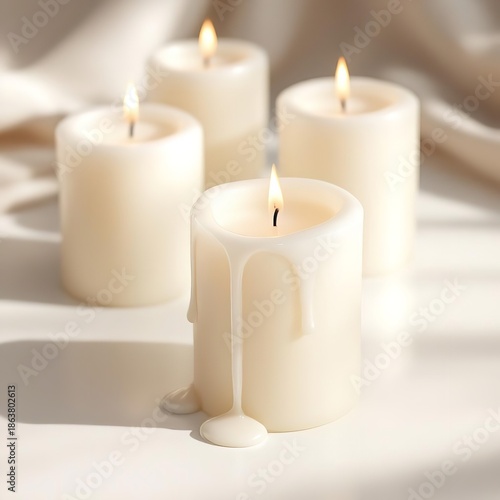 Wallpaper Mural Warm Glow: Lit Pillar Candles with Melting Wax on Elegant Fabric Torontodigital.ca