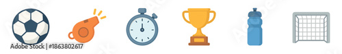 Set of colorful flat soccer icons including a classic ball, referee whistle, stopwatch, golden trophy cup, water bottle, and goal net for sports competition concepts