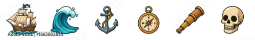 Collection of pirate themed cartoon icons including a sailing ship, wave, anchor, compass, telescope, and skull, illustrated in a fun, colorful vector style for adventure concepts