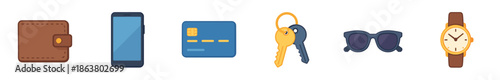 Set of everyday carry items including a wallet, smartphone, credit card, keys, sunglasses, and a wristwatch, presented as a collection of flat design vector icons