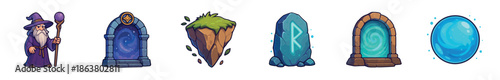 Set of fantasy cartoon game icons featuring a wizard with a staff, magical portals, a floating island, a glowing runestone, and a mystical blue orb for an adventure